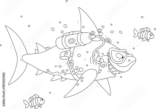 Funny great white shark scuba diver swimming with small striped fishes in waters of a tropical sea, black and white outline vector cartoon illustration for a coloring book
