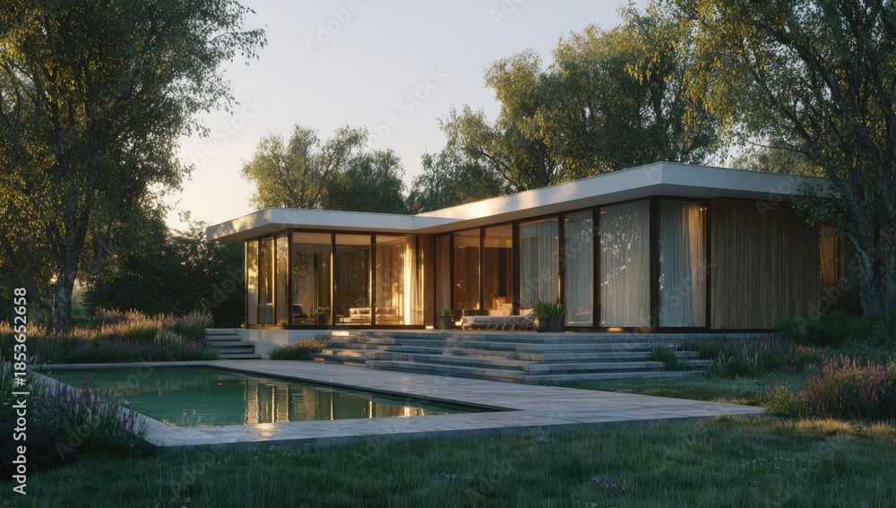 Fototapeta premium Modern architectural home with large glass walls overlooking a pool, surrounded by lush trees