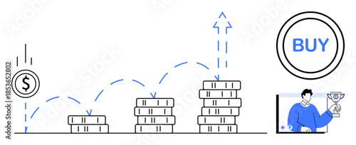 Stacked coins representing financial growth and investment strategies with arrow indicating upward progress and businessman image. Ideal for finance, investing, economy, wealth management, financial