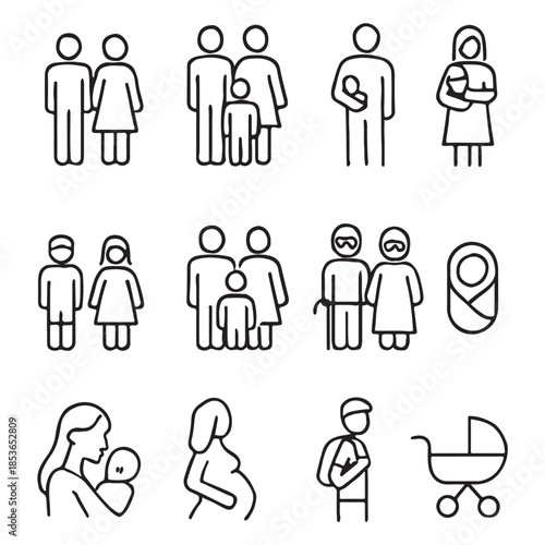 Family and parenting line icon set Vector