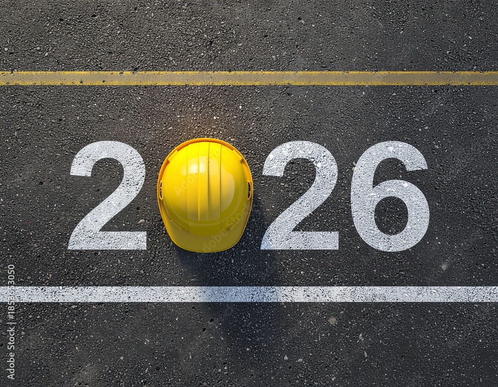 Fototapeta premium Sarı koruyucu kask ve gri asfalt zeminli, yaratıcı 2026 Yeni Yıl tasarım şablonu. Mühendislik, lojistik veya yol yapımı için 3 boyutlu render illüstrasyon