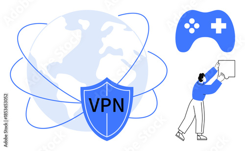 VPN concept. VPN protecting online gaming and internet connections. VPN ensures security, gaming privacy, and global access to digital resources. For gamers, security, connectivity, SaaS solutions