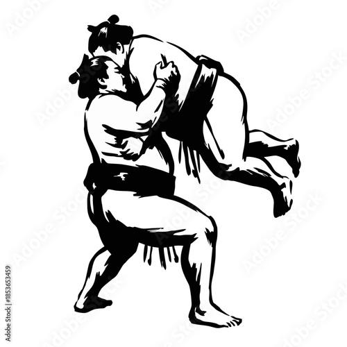 Sumo Lifting Opponent Silhouette. Strong Ink Brush Vector for Asian Games 2026