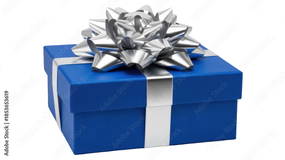 Obraz premium Royal blue gift box with silver ribbon and bow isolated PNG, present for birthday celebration or special occasion on transparent background