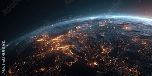 Earth at night glows with city lights and interconnected network lines