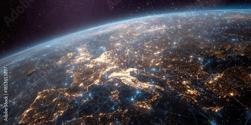 Earth at night from space, glowing cities interconnected by light