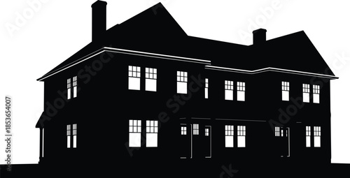  Black Silhouette Illustration of a Large Two Story Craftsman Style House with Windows and Chimneys Isolated on White Background