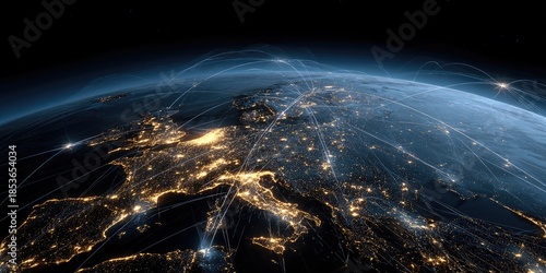 Earth at night from space with glowing light networks connecting continents