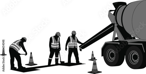 Road construction scene vector illustration, with workers, concrete mixer truck, and safety cones on site
