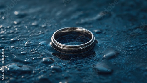 A single, simple ring rests submerged in dark, wet, textured material
