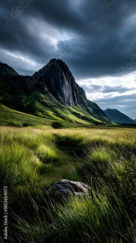 Dramatische Berglandschaft mit grüner Wiese unter dunklen Wolken
