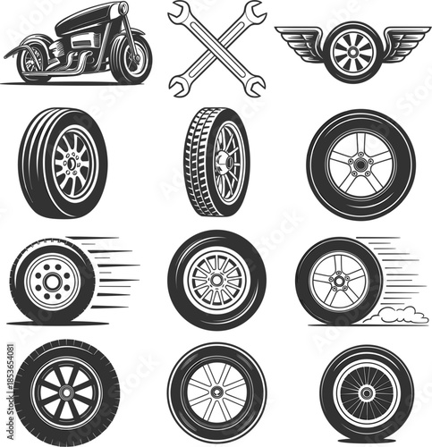Automotive tire and wheel icon set, featuring vintage motorcycle, crossed wrenches, and various rubber treads