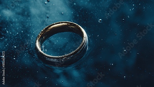 Gold ring floats on dark, watery surface with tiny bubbles
