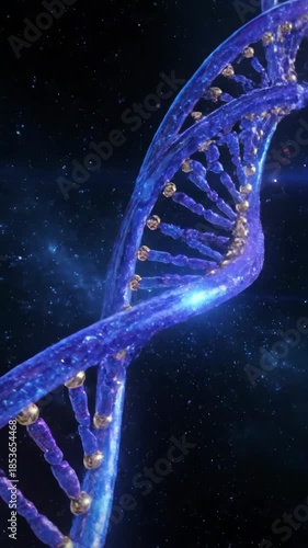 Abstract Blue DNA Helix Structure Twisting in Cosmic Nebula with Sparkles and Lens Flare