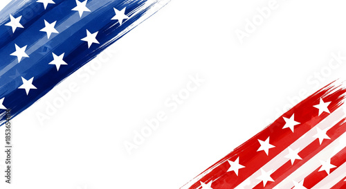 A transparent background with an isolated, watercolor-brushed design featuring patriotic American flag motifs, stars, and stripes at the corners. An ideal decorative design for the 4th of July and nat