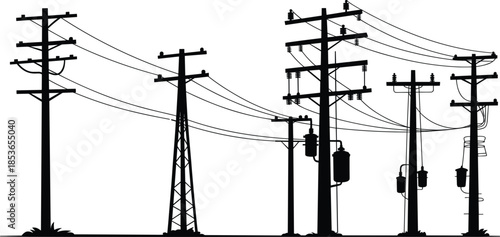 Electric utility poles and power lines silhouette set, featuring high voltage transmission cables and transformers