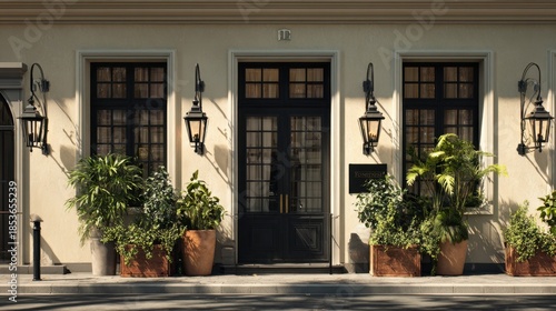 Elegant boutique hotel entrance with black doors potted plants and lanterns on beige wall in sunlight