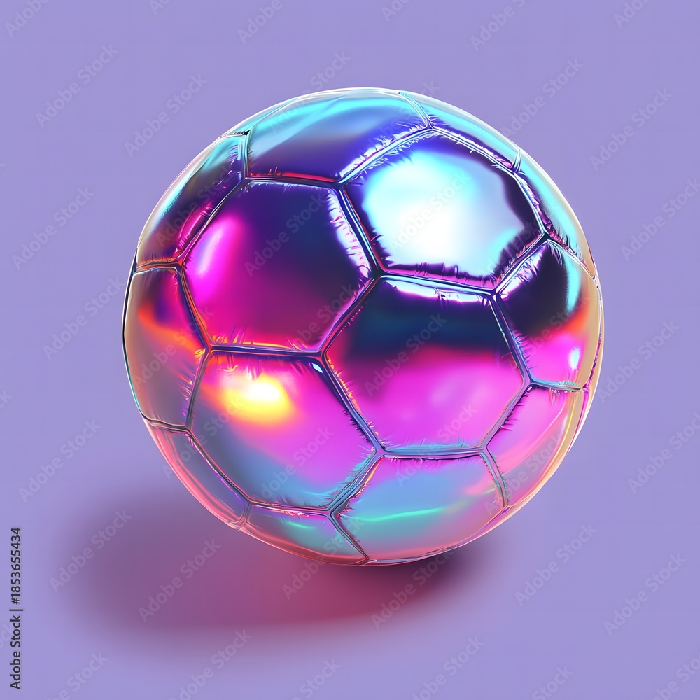 Naklejka premium Iridescent soccer ball casts a soft shadow on a solid lilac background.