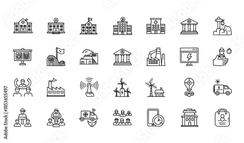 Simple web outline icons set of social and economic sectors isolated on white