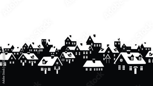 Black Silhouette of a Winter Village with Houses Isolated on White Background