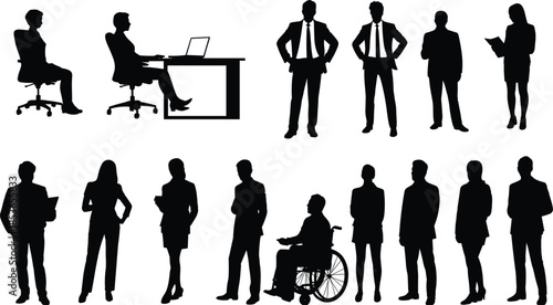 Business Professionals And Person In Wheelchair Silhouettes On White Background people woman