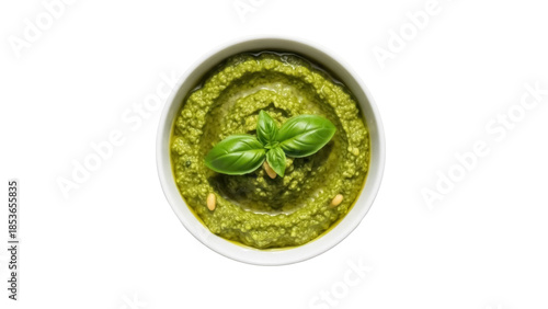 Billede på lærred Fresh green pesto sauce in a bowl isolated PNG, traditional Italian condiment wi