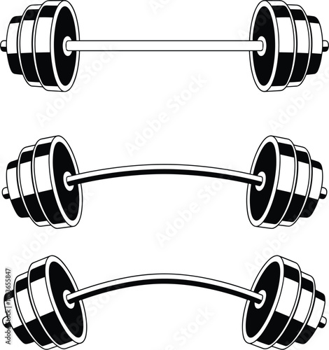 Heavy barbell weightlifting set, black and white gym equipment illustrations, for fitness and bodybuilding strength training
