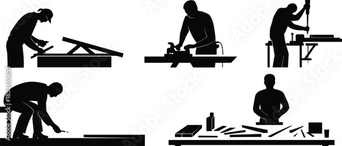 Carpenters Silhouettes Performing Various Woodworking Tasks On White Background vector