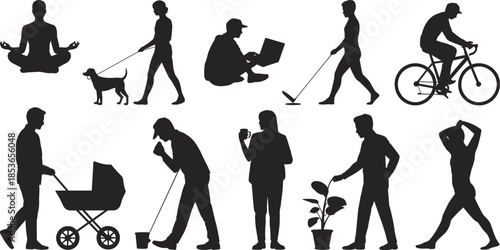 Collection of Human Silhouettes Engaged in Diverse Activities on White Background Keywords: silhouette, people, man, woman