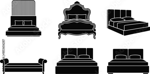 Collection of Six Black Silhouette Bed Designs on White Background Keywords: bed, silhouette, icon, furniture, bedroom, design