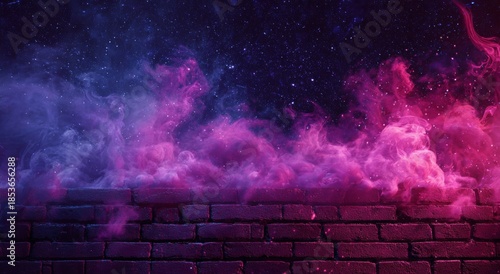 Neon Smoke Over Brick Wall with Starry Sky Background.