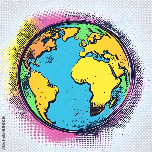 A vibrant illustration of planet earth on a dotted background design.  
