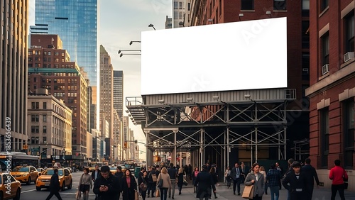 Blank Billboard Mockup on Busy New York City Street with Yellow Taxis at Dusk