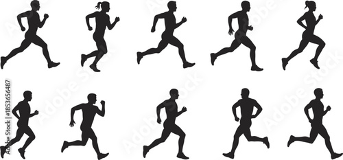 Diverse Male and Female Silhouettes Running in Various Poses on White Background runner
