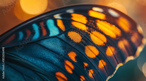 Macro Close-up of Colorful Butterfly Wing Texture with Blue and Orange Scales Details