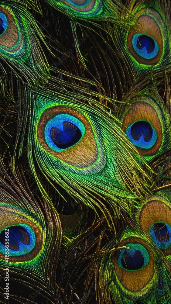 Fototapeta premium Close-up of vibrant peacock feathers with eye spots