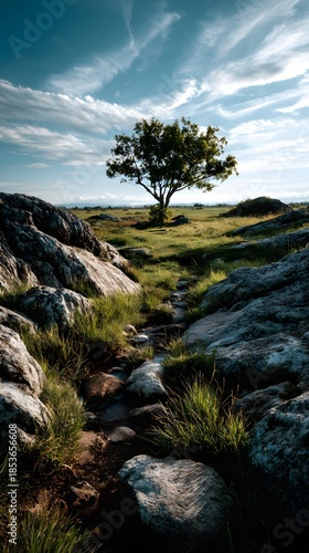 Einsamer Baum entlang felsigem Naturpfad in weiter Landschaft
