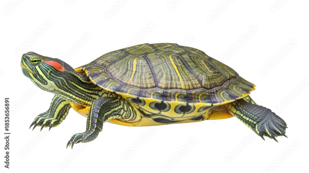 Fototapeta premium Red-eared slider turtle PNG isolated on transparent background, aquatic reptile with distinctive red stripe for pet and wildlife concepts