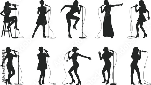 Female Singer Silhouettes Performing with Microphones on White Background woman person
