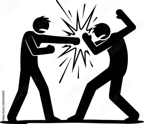 Two men fighting in a black silhouette style with a punch and explosion