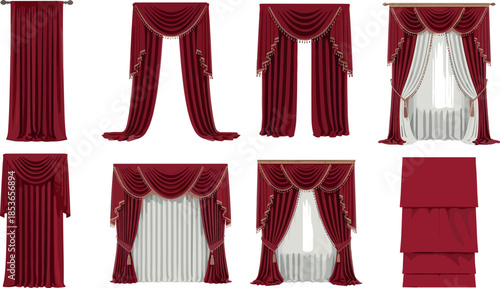 Luxury Red Velvet Curtains and Drapes Vector Set, Elegant Theater Stage Decoration, Classic Interior Window Treatments with Tassels and Swags, Rich Fabric Home Decor Collection.