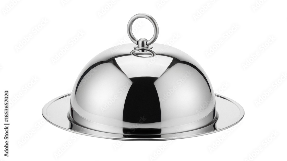 Obraz premium Elegant silver serving dome isolated PNG, stainless steel food cover for restaurants and catering on transparent background