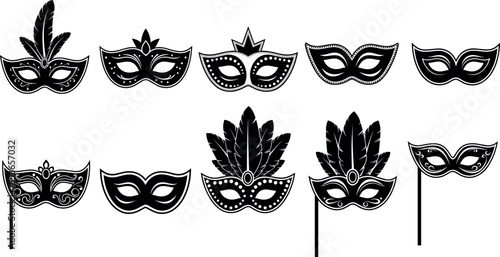 Masquerade and Carnival Masks Vector Silhouette Set, Elegant Venetian Festival Eye Cover with Feathers and Ornaments, Black and White Party, Mardi Gras Costume Accessory Collection Graphic.