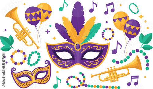 Mardi Gras and Carnival Festival Vector Illustration Set, Colorful Masks, Feathers, Music Notes, Trumpets, Balloons, and Beads, New Orleans Celebration Graphic Design Template.