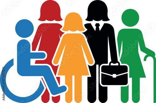 Diverse group of people icons in different colors standing together