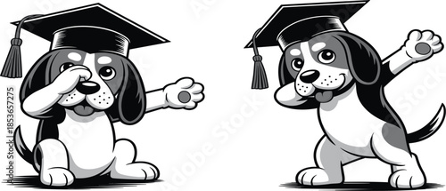 Cute graduation dog character set, featuring cartoon beagle puppy wearing mortarboard cap and dabbing pose
