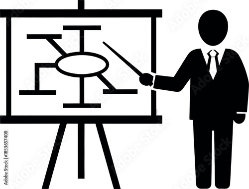 Businessman presenting diagram on board in office setting with presentation pointer