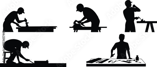 Silhouettes of Carpenters Working with Tools and Wood woodworker craftsman