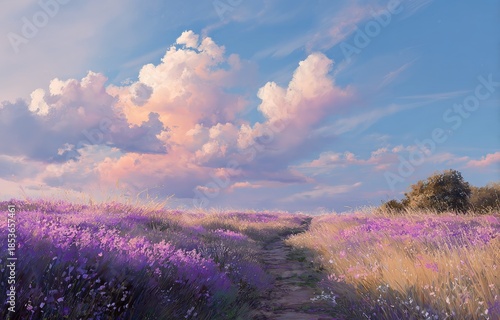 Serene path through vibrant lavender field under a pastel sky