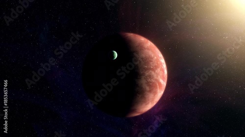 Cinematic motion render of sci fi space alien planet and moon near a glowing star, detailed exoplanet surface, deep space background, dramatic lighting, futuristic and mysterious mood